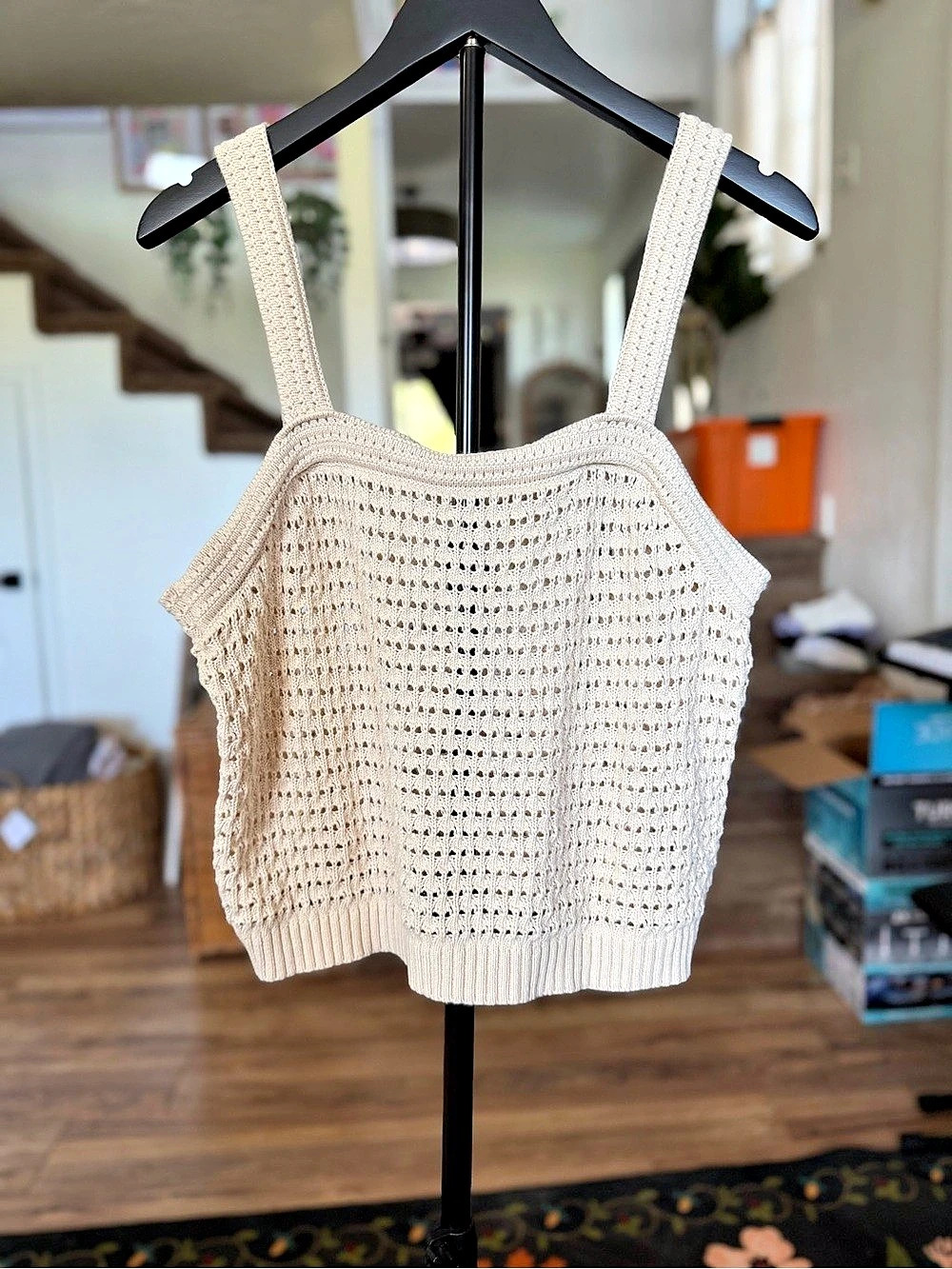 Scoop Square Neck Crochet Cotton Tank Top in White